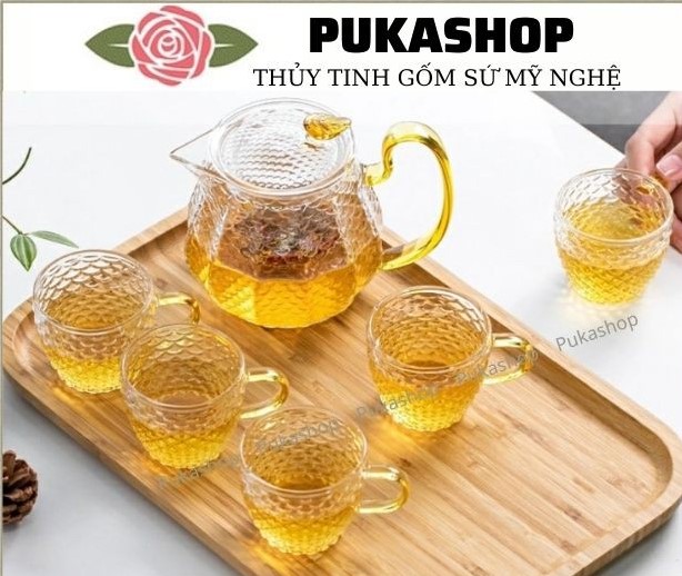 Bộ Ấm Vẩy Cá Ly Thủy Tinh Có Quai Puka BAT2121